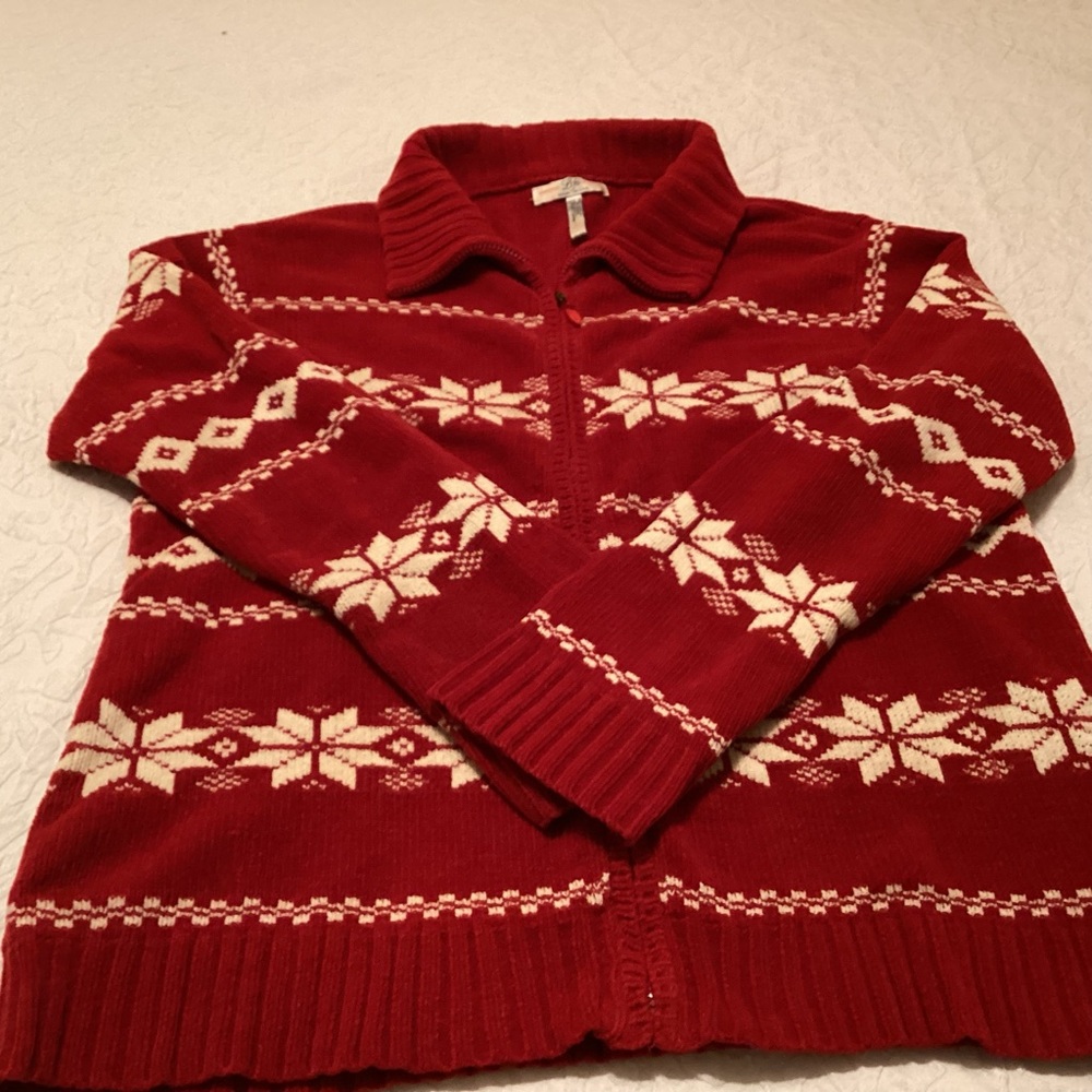 Lifo women’s zip front cardigan sweater size XL red with snowflake print